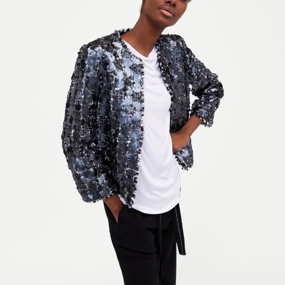 NWOT. Zara Sequined Tweed Jacket. Size Small